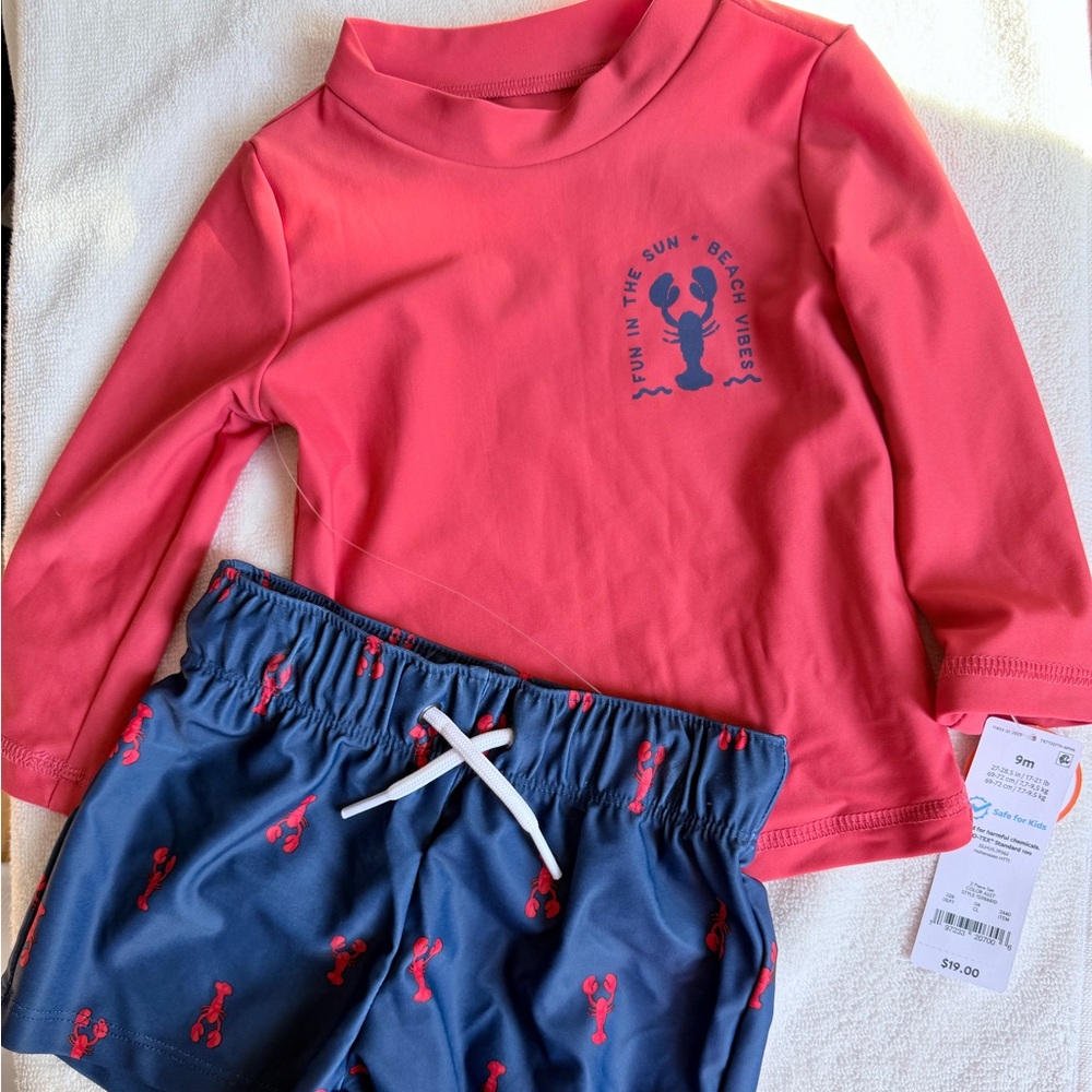 Baby Boy Size 9 months Navy Blue with Lobster print Swimsuit set